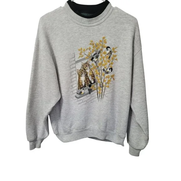 Vtg 90s Kitty Cat Double Crewneck Sweatshirt Medium Grandma Core Cats Birds USA - Picture 15 of 15